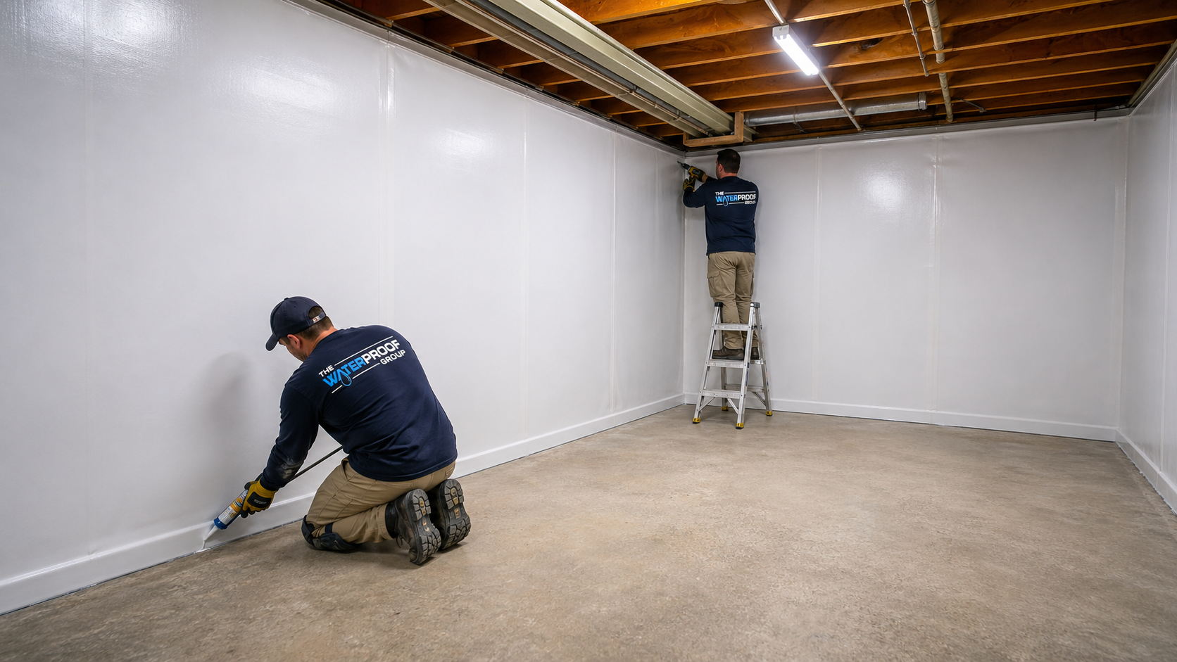 two technicians installing interior basement waterproofing system