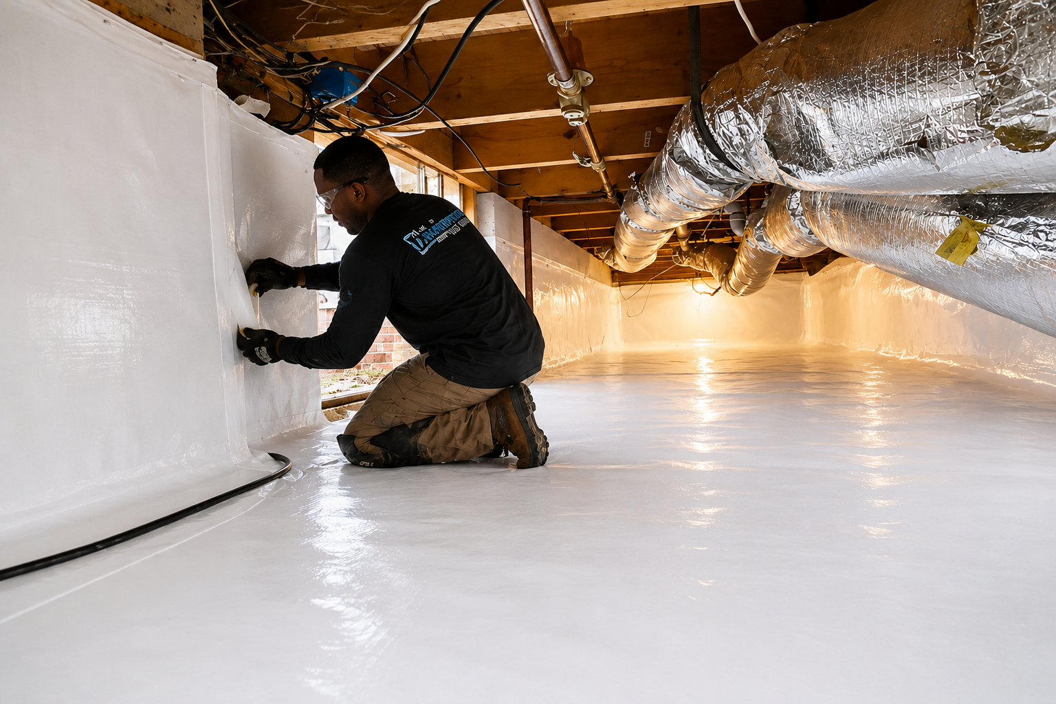 crawl encap 2 Technicians applying waterproofing membrane with sprayer