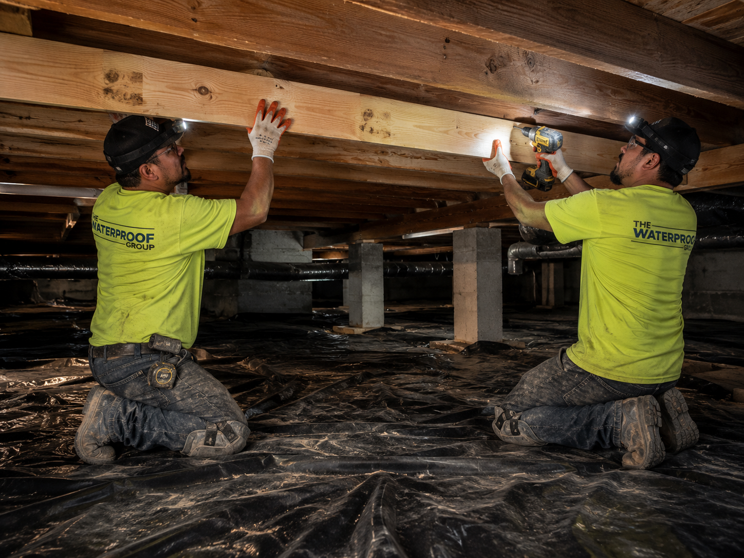 crawlspace joist repair (1) Technicians applying waterproofing membrane with sprayer