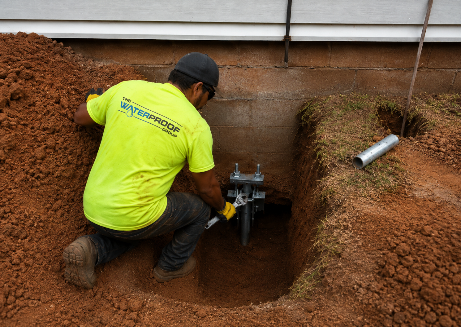 helical piering Technicians applying waterproofing membrane with sprayer