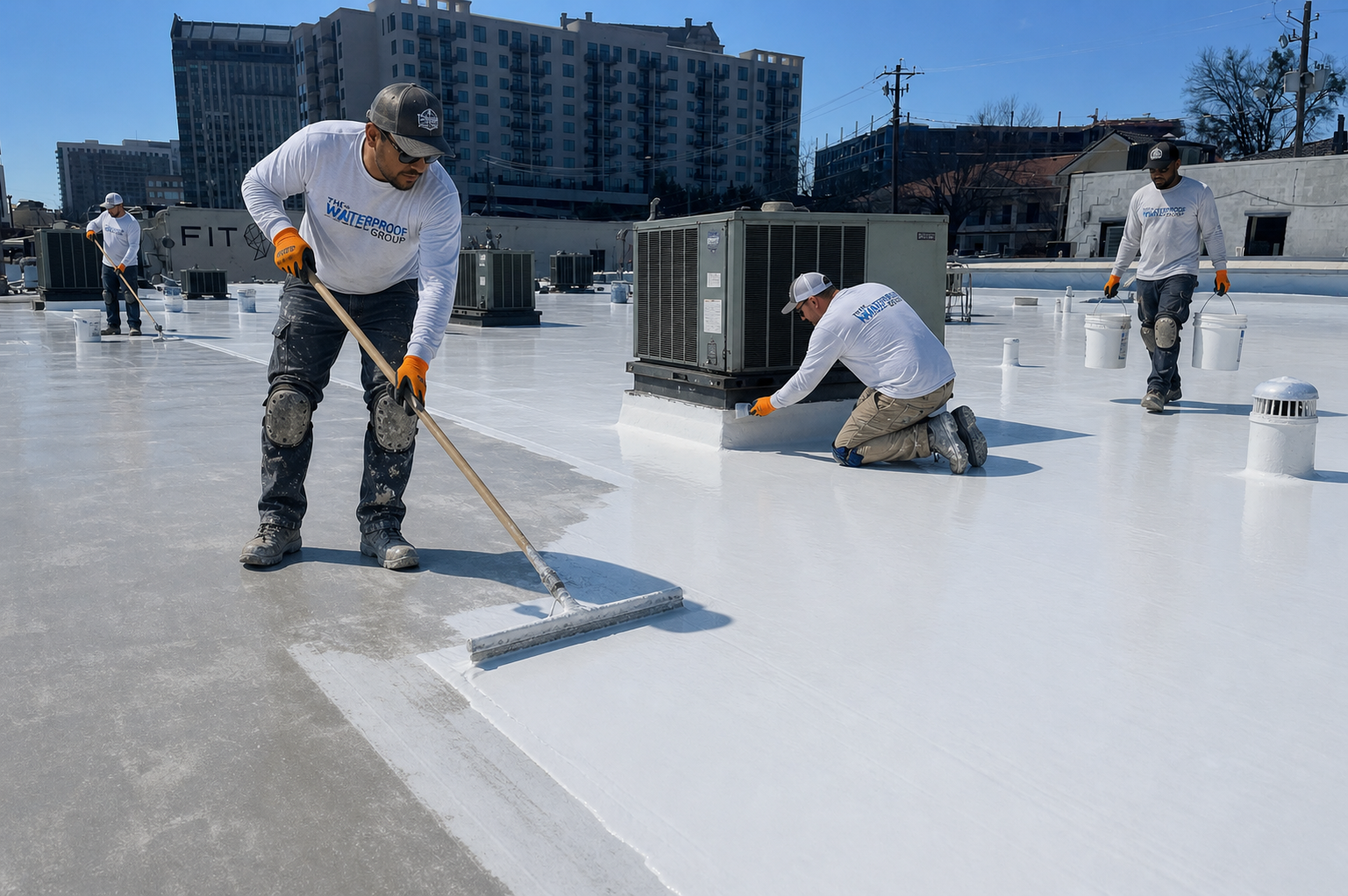 roofing team applying silicone roof coating system to flat building roof