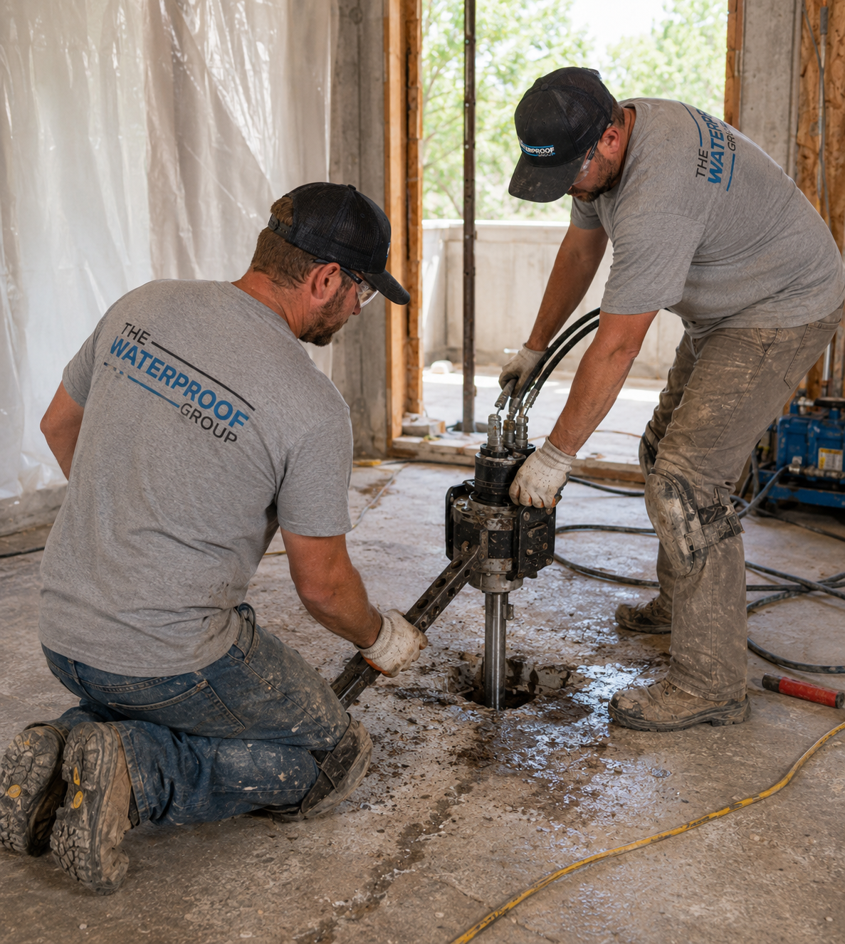 slab repair Technicians applying waterproofing membrane with sprayer