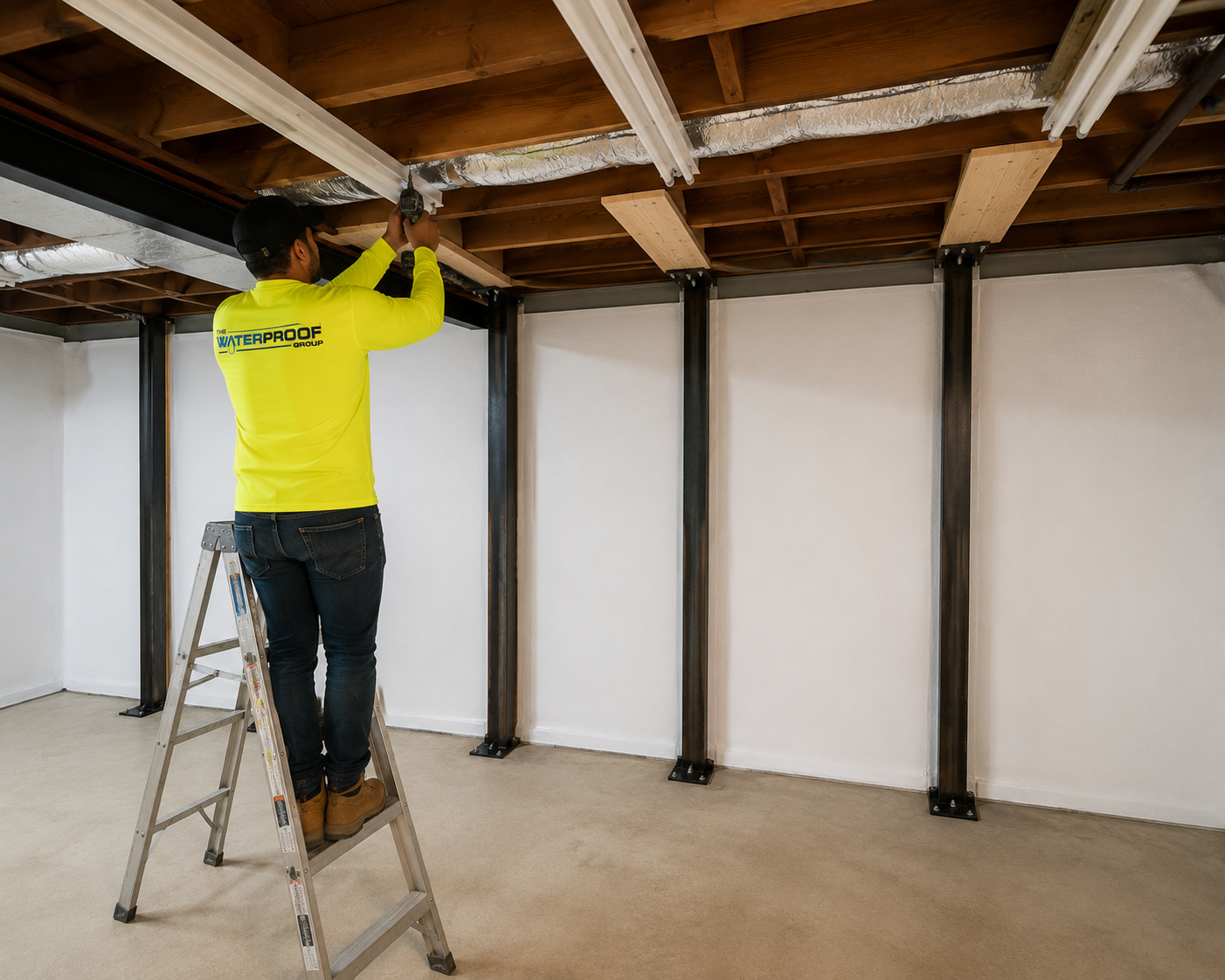 Technicians applying waterproofing membrane with sprayer