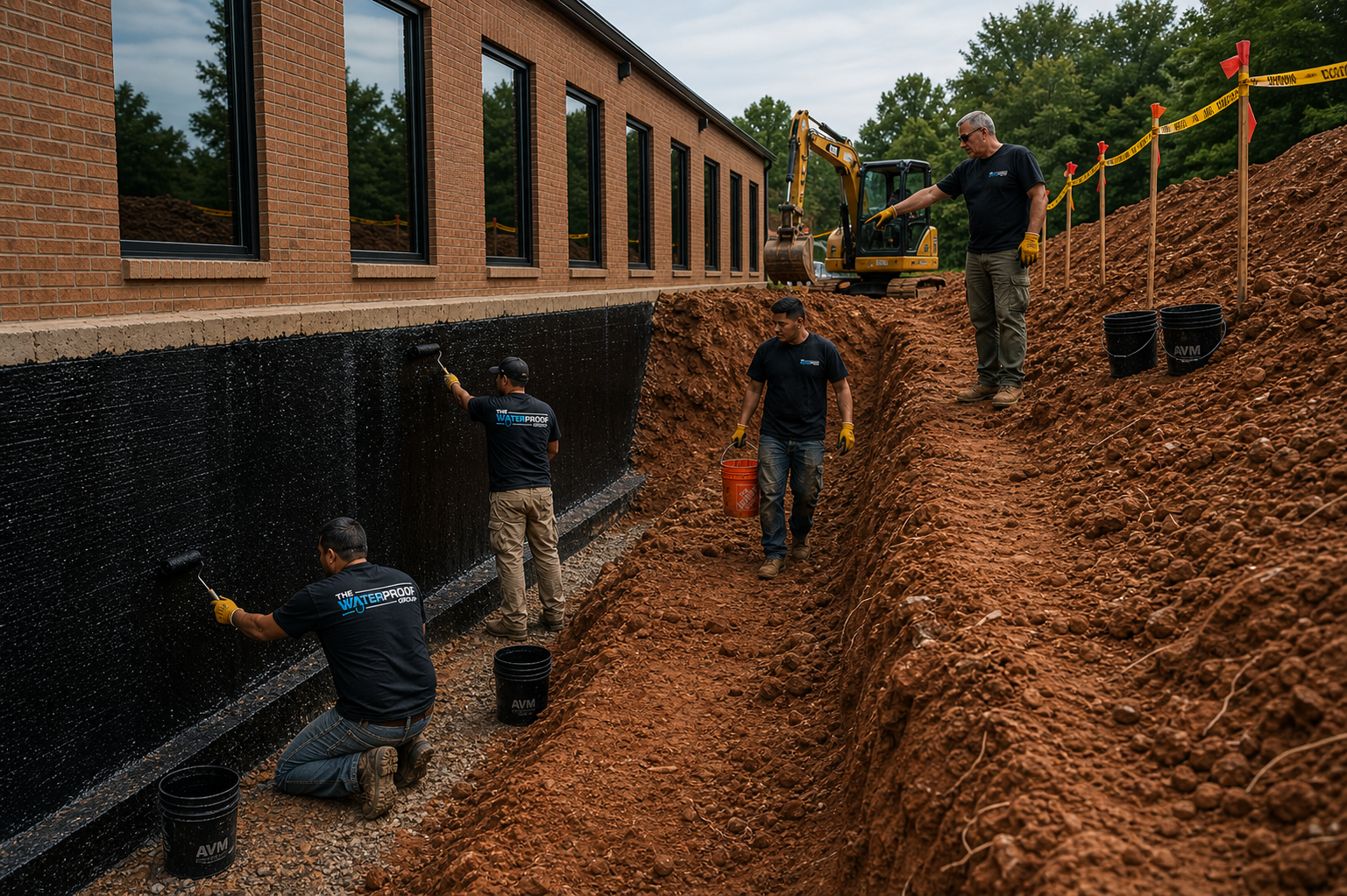waterproofing exterior wall work crew applying waterproof membrane to foundation wall