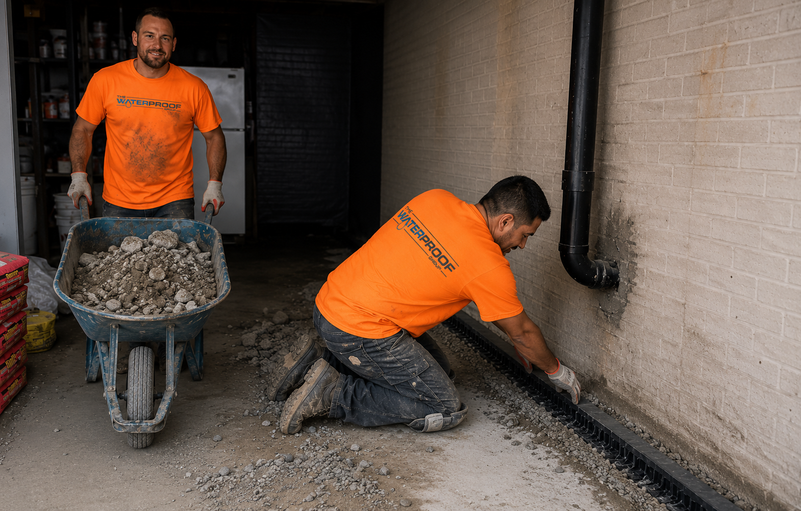basement waterproofing interior installation Technicians applying waterproofing membrane with sprayer
