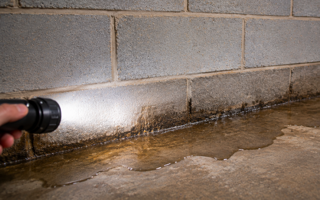 Water coming up through basement floor at the wall-floor joint