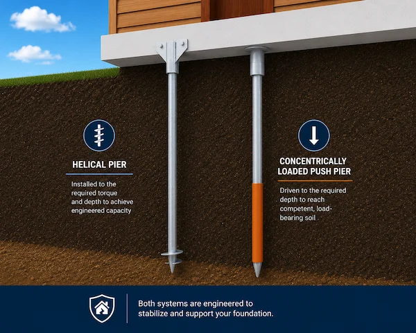 Graphic showing helical versus push piers for foundations