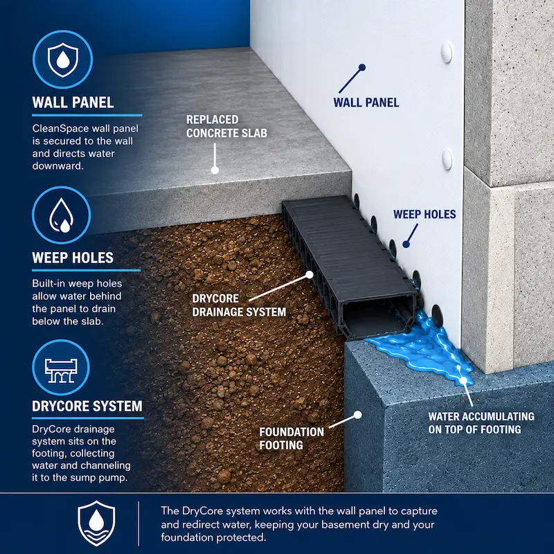 Interior basement waterproofing system graphic