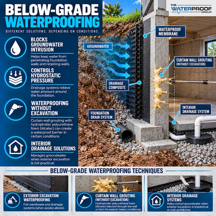Below-Grade Waterproofing Solutions Below-grade waterproofing options infographic