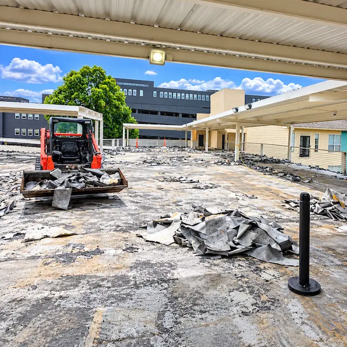 Parking deck waterproofing preparation, removal of old coating, Atlanta, Georgia 