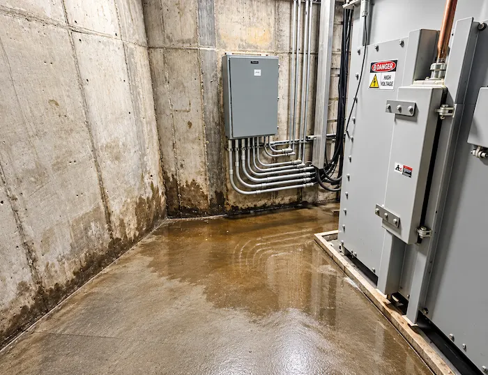 Wet Concrete Utility Room with High-Voltage Equipment Below-grade waterproofing failure, concrete vault, Atlanta, Georgia