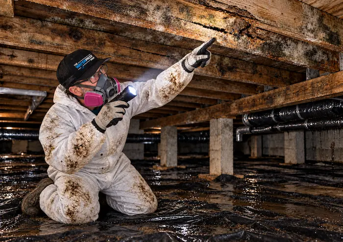 Crawl space moisture damage affecting floor joists