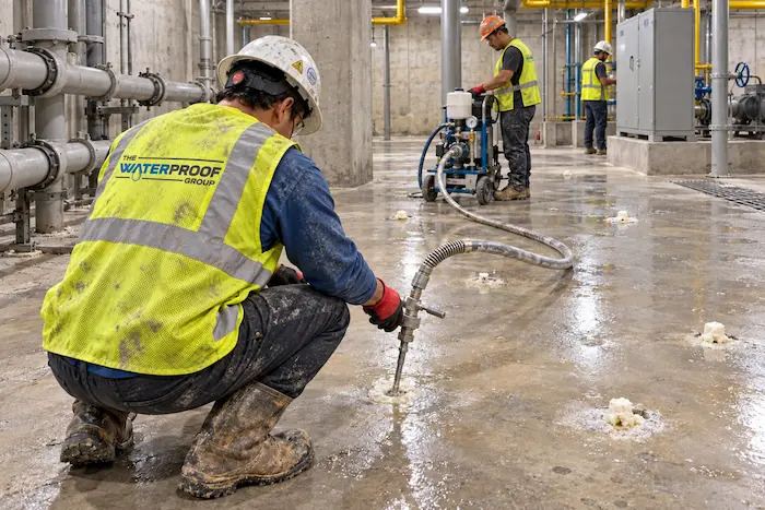curtain wall grouting under slab below-grade waterproofing, curtain wall grouting, under-slab using Alchatek product